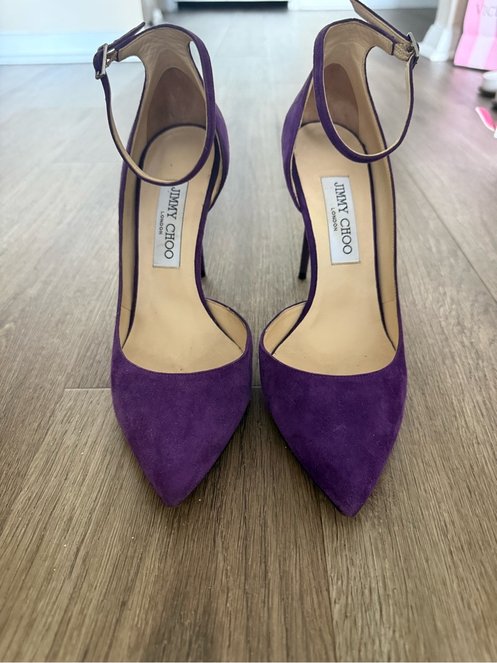 Jimmy Choo Purple Suede Pointed Toe Ankle-Strap Stiletto Pumps